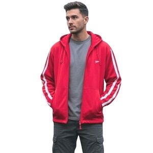 Vintage 90's Speedo XXL Mens Red Full Zip Up Hoodie White Stripe Athletic Jacket